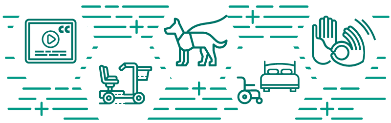Five accessibility icons: closed caption, mobility scooter, leader animal, sleeping rooms, and sign language
